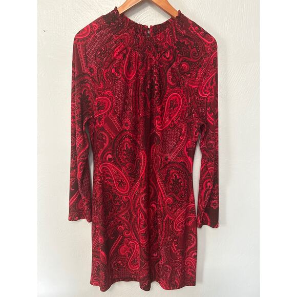 Tommy Hilfiger Dresses & Skirts - Tommy Hilfiger Red Black Paisley Long Sleeve Keyhole Back Shift Dress Size 8